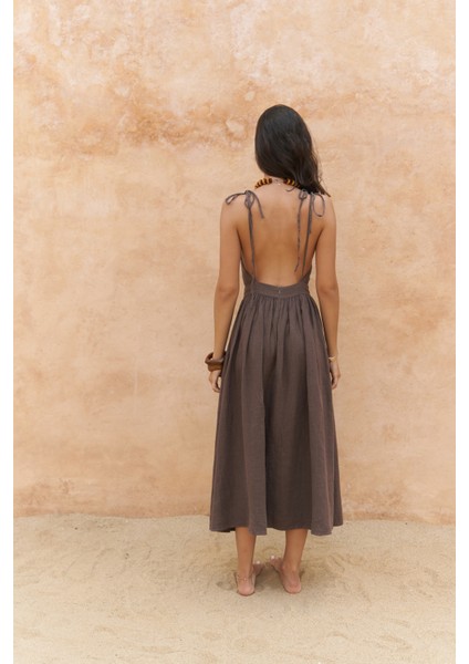 Eara Askılı Soft Kahve Uzun Keten Elbise indirimleri