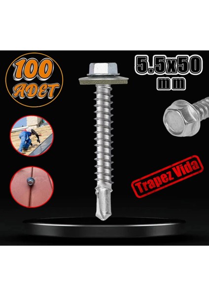 Trapez Çatı Vidası 5.5X50 mm Matkap Uçlu Çatı Panel Metal Vidası (100 Adet)