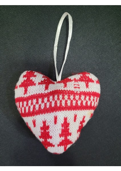 Yılbaşı Kumaş Kalp Asmalık Süs 9X9CM Çam Ağaç Desenli Kırmızı Beyaz 1 Adet