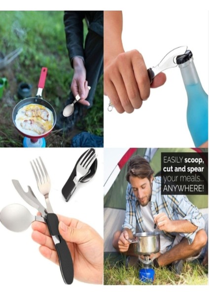 3'ü 1 Arada Kaşık Çatal Bıçak Açacak takımı Katlanabilir ve Ayrılabilir Kamp Yemek Outdoor Fonksiyon Seti