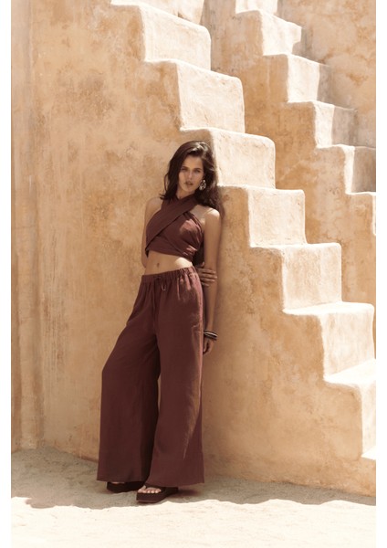 Moira Bordo Keten Crop Pantolon Takım