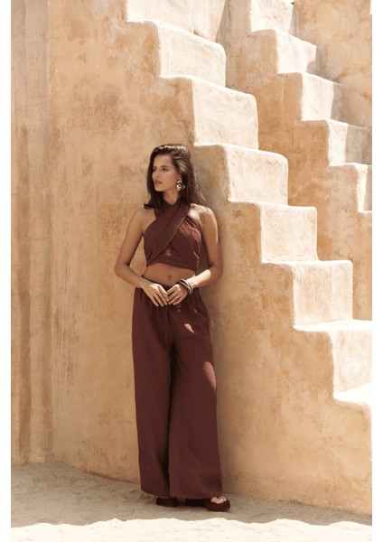 Moira Bordo Keten Crop Pantolon Takım modelleri