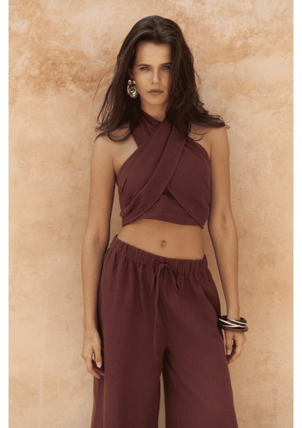 Moira Bordo Keten Crop Pantolon Takım indirimleri