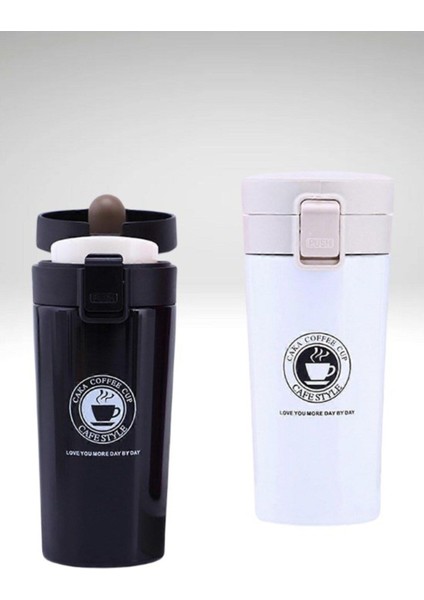 12 Saate Kadar Sıcak Soğuk Tutma Filtreli Çift Katmanlı 2 Adet Siyah Beyaz Inox Mug Termos 380ML