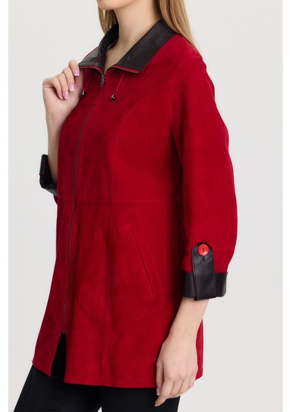 Hakiki Oğlak Derisi Süet Kırmızı Siena Kadın Deri Ceket