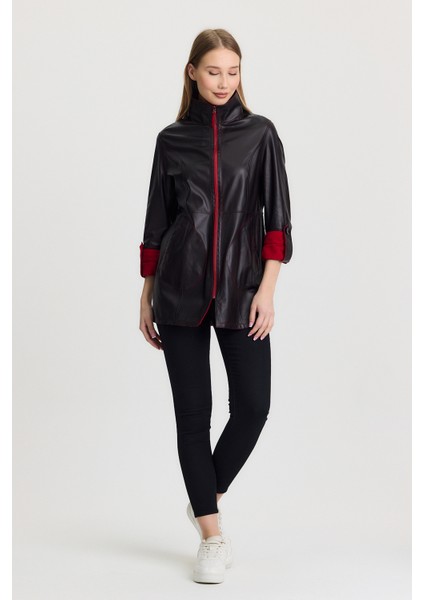 Hakiki Oğlak Derisi Süet Kırmızı Siena Kadın Deri Ceket