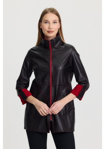 Hakiki Oğlak Derisi Süet Kırmızı Siena Kadın Deri Ceket