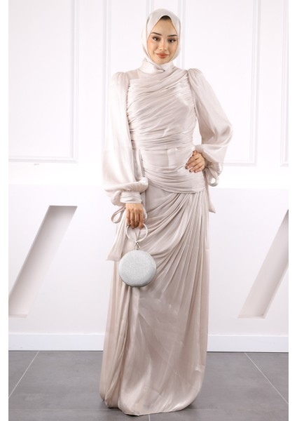 Taş Önü Büzgülü Şifon Abiye