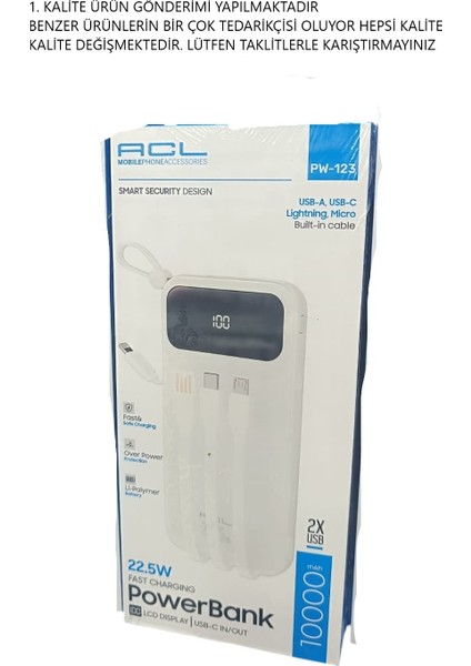 10.000 Mah Powerbank Hızlı Şarj 4x Dahili Kablolu 2x USB Taşınabilir Şarj Bataryası
