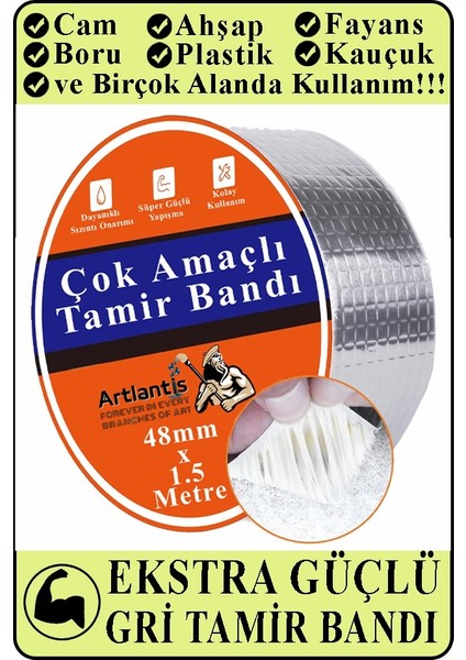 Çok Amaçlı Tamir Bandı 1 Adet Su Geçirmez Sızdırmaz Isıya Dayanıklı Sakız Izole Gri Tamir Bant 48MM 1.5 Metre