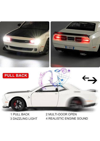 Dodge Challenger Srt Hellcat 1:24 Diecast Metal Araba Koleksiyon Sesli Işıklı Beyaz modelleri