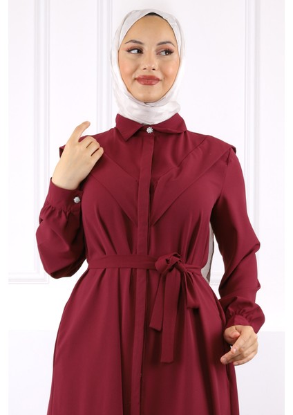 Bordo Önü Düğmeli Cepli Elbise fırsatları