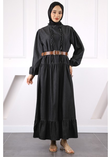 Antrasit Kol Lastikli Eteği Katlı Kemerli Elbise