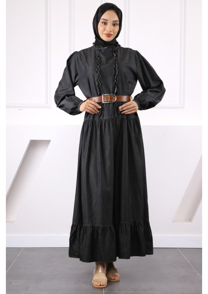 Antrasit Kol Lastikli Eteği Katlı Kemerli Elbise fiyatları