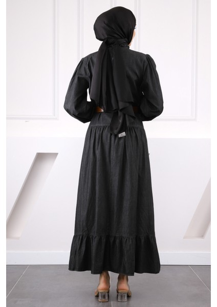 Antrasit Kol Lastikli Eteği Katlı Kemerli Elbise modelleri