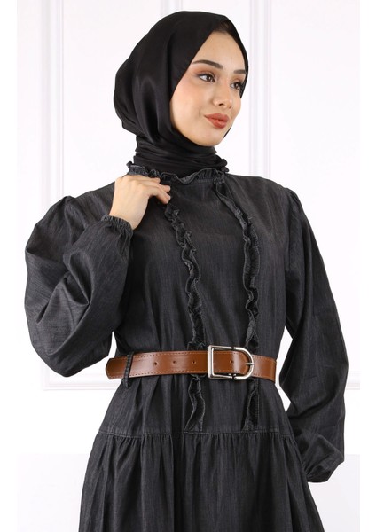 Antrasit Kol Lastikli Eteği Katlı Kemerli Elbise fırsatları