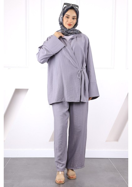 Gri Kimono Modal Pantolonlu Takım