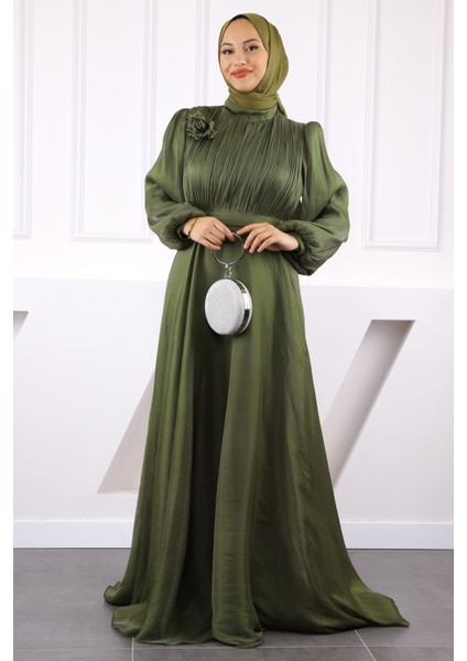 Haki Önü Drapeli Kemerli Şifon Abiye fiyatları