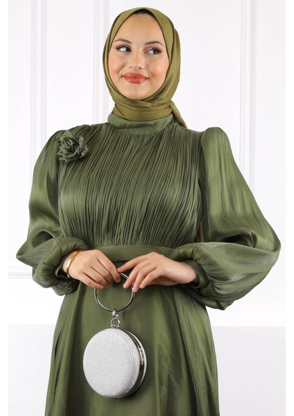 Haki Önü Drapeli Kemerli Şifon Abiye fırsatları