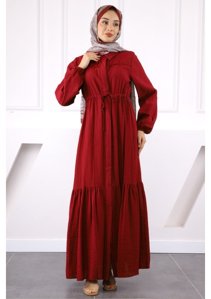 Bordo Bel Bağlamalı Dantelli Elbise