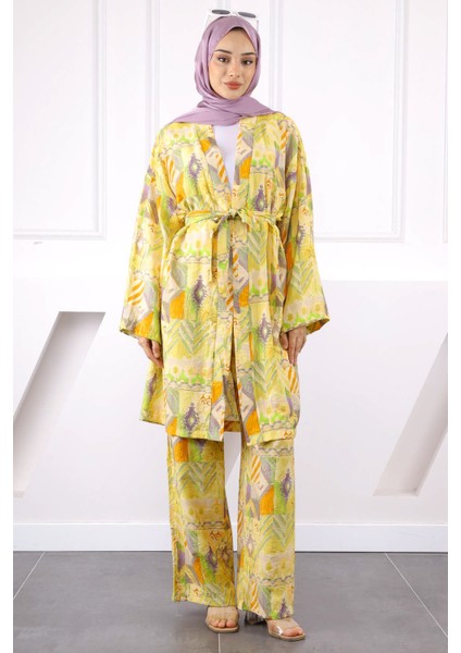 Sarı Desenli Kimono Pantolonlu Takım