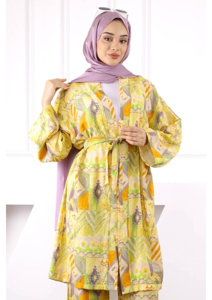 Sarı Desenli Kimono Pantolonlu Takım
