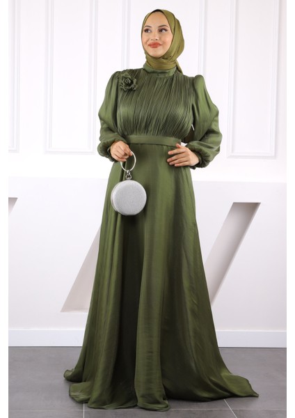 Haki Önü Drapeli Kemerli Şifon Abiye