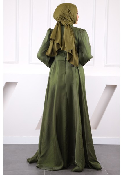 Haki Önü Drapeli Kemerli Şifon Abiye modelleri