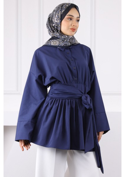 Lacivert Bel Bağlamalı Tunik