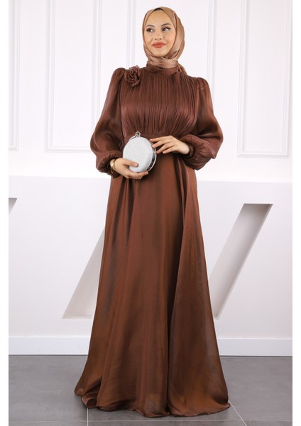 Kahverengi Önü Drapeli Kemerli Şifon Abiye