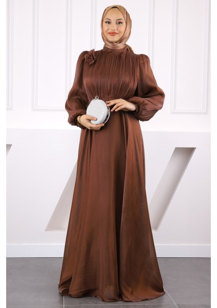 Kahverengi Önü Drapeli Kemerli Şifon Abiye fiyatları