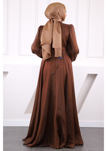 Kahverengi Önü Drapeli Kemerli Şifon Abiye modelleri