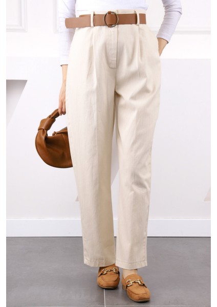 Bej Bel Kemerli Keten Pantolon