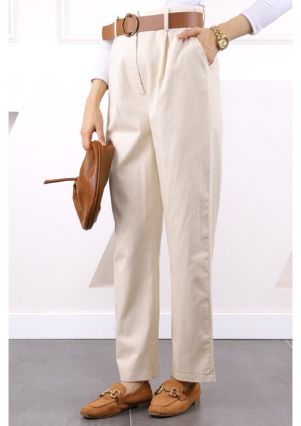 Bej Bel Kemerli Keten Pantolon modelleri
