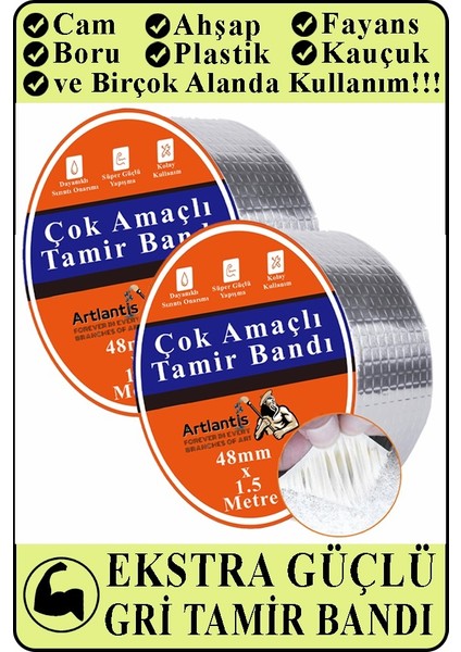Çok Amaçlı Tamir Bandı 2 Adet Su Geçirmez Sızdırmaz Isıya Dayanıklı Sakız Izole Gri Tamir Bant 48MM 1.5 Metre
