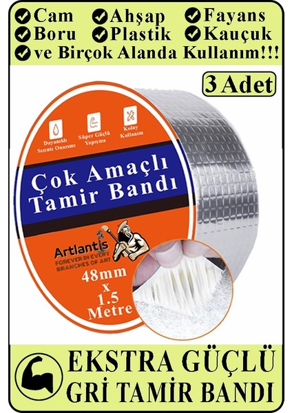 Çok Amaçlı Tamir Bandı 3 Adet Su Geçirmez Sızdırmaz Isıya Dayanıklı Sakız Izole Gri Tamir Bant 48MM 1.5 Metre