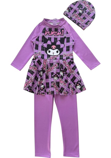 Kız Çocuk Mor Renk Kuromi Desenli Uzun Kollu ve Boneli Tulum Mayo