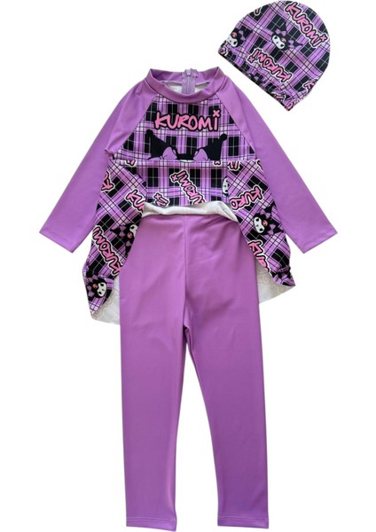Kız Çocuk Mor Renk Kuromi Desenli Uzun Kollu ve Boneli Tulum Mayo fiyatları