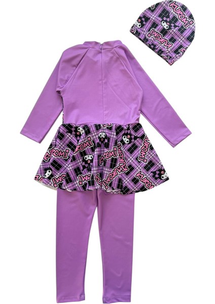 Kız Çocuk Mor Renk Kuromi Desenli Uzun Kollu ve Boneli Tulum Mayo modelleri