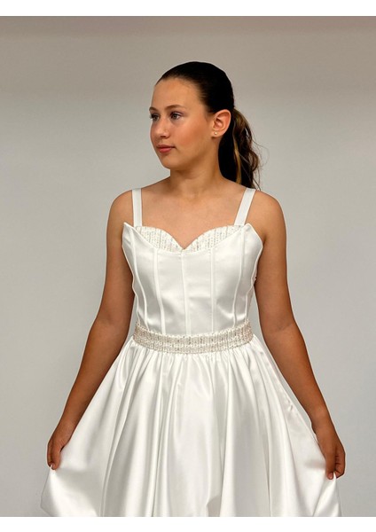 Kız Çocuk Askılı Mini Krem Pileli Payet Detaylı Kısa Balon Etek Abiye Elbise 10-15 Yaş fiyatları