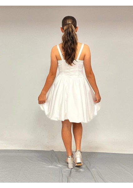 Kız Çocuk Askılı Mini Krem Pileli Payet Detaylı Kısa Balon Etek Abiye Elbise 10-15 Yaş modelleri