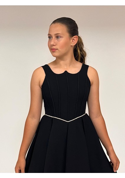 Kız Çocuk Abiye Siyah Krep Kısa Bel Ince Şerit Taş Detaylı Taş Kısa Abiye Elbise 10-15 Yaş fiyatları