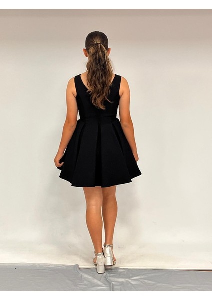 Kız Çocuk Abiye Siyah Krep Kısa Bel Ince Şerit Taş Detaylı Taş Kısa Abiye Elbise 10-15 Yaş fırsatları