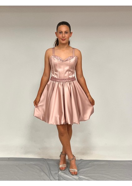 Kız Çocuk Askılı Mini Pudra Pileli Payet Detaylı Kısa Balon Etek Abiye Elbise 10-15 Yaş