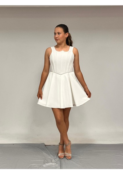 Kız Çocuk Abiye Krem Krep Kısa Bel Ince Şerit Taş Detaylı Taş Kısa Abiye Elbise 10-15 Yaş fiyatları