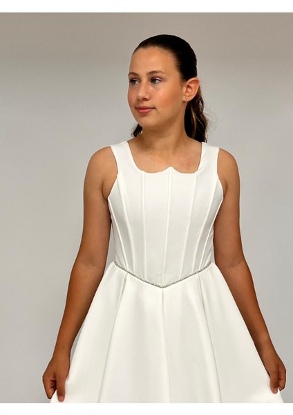 Kız Çocuk Abiye Krem Krep Kısa Bel Ince Şerit Taş Detaylı Taş Kısa Abiye Elbise 10-15 Yaş modelleri