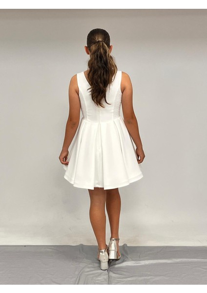 Kız Çocuk Abiye Krem Krep Kısa Bel Ince Şerit Taş Detaylı Taş Kısa Abiye Elbise 10-15 Yaş fırsatları