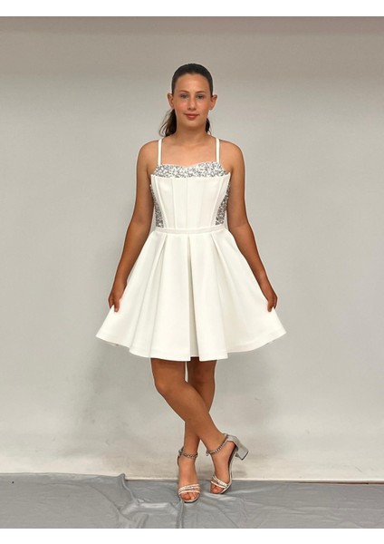 Kız Çocuk Abiye Krem Krep Kısa Pul Payet Işlemeli Biyeli Korseli Kısa Abiye Elbise 10-15 Yaş