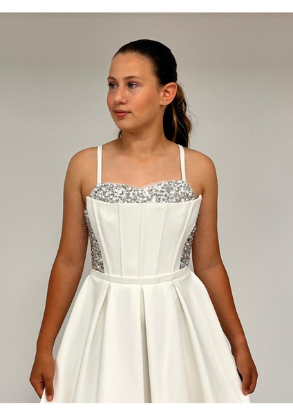 Kız Çocuk Abiye Krem Krep Kısa Pul Payet Işlemeli Biyeli Korseli Kısa Abiye Elbise 10-15 Yaş fiyatları