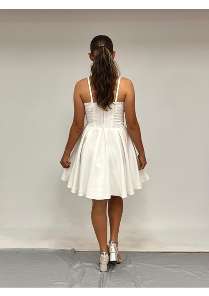 Kız Çocuk Abiye Krem Krep Kısa Pul Payet Işlemeli Biyeli Korseli Kısa Abiye Elbise 10-15 Yaş modelleri